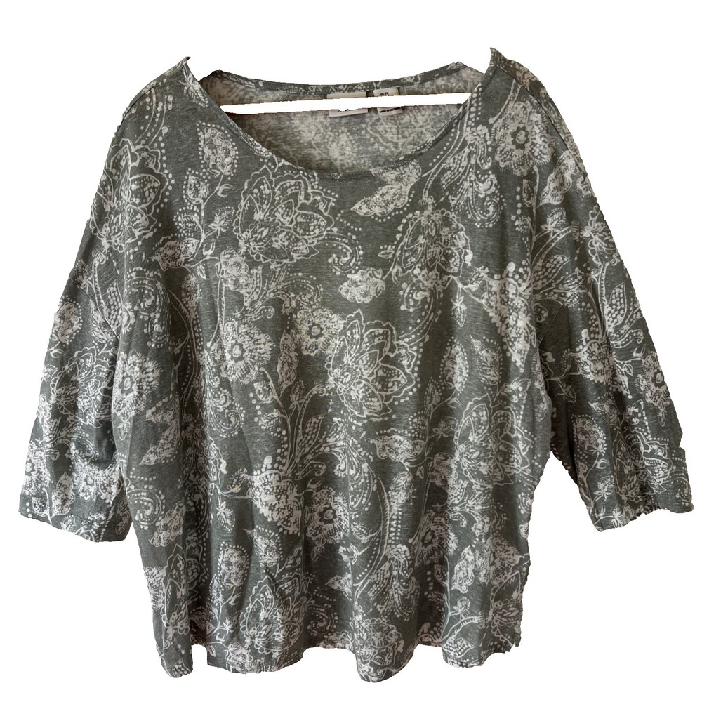 Rachel Zoe 100% Linen Top Womens 2X Green Floral 3/4 Sleeve Pullover Beachy